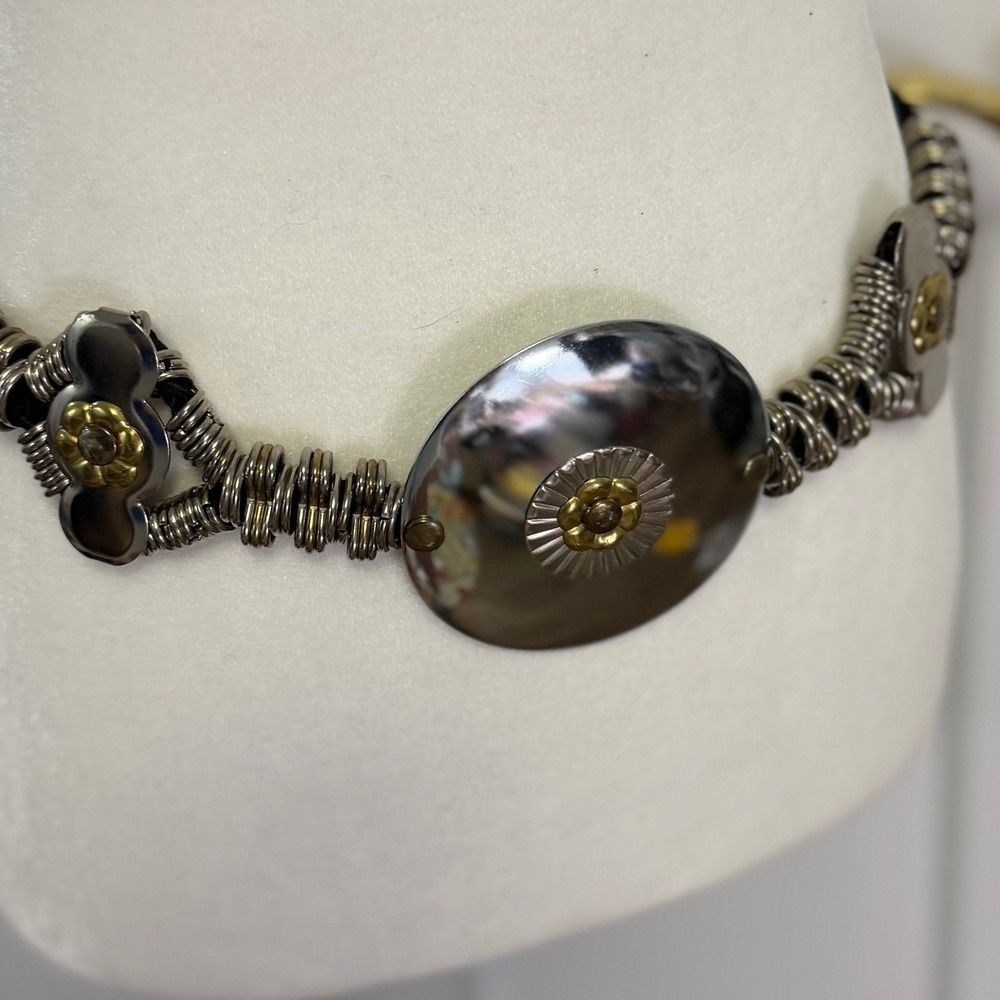 Vintage 80s‎ Black Cord Belt Silver Coil Spring Chain Disc Flower Made Korea